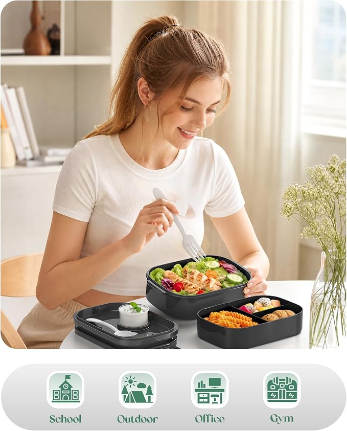Bento Lunch Box, 65 oz 3-Tier Stackable Lunch Container, Adjustable 2/3 Tier Design, BPA-Free Food-Grade Plastic, Leakproof, Microwave & Dishwasher Safe, Black