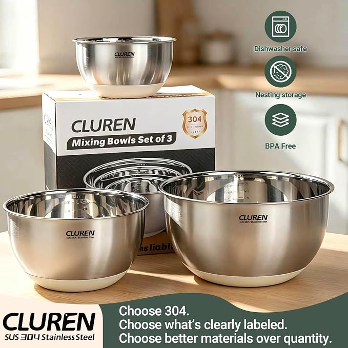 304 Stainless Steel Mixing Bowls of 3 (No lids) | Heavy-Gauge Metal Bowls with White Non-Slip Silicone Base – Nesting, Dishwasher Safe for Salad, Meal Prep