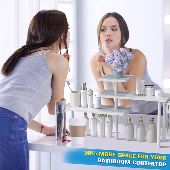 JayRex 3-Tier Bathroom Countertop Corner Shelf Organizer, White | Space-saving corner design organizes spices, skincare and toiletries on kitchen and bathroom counters.