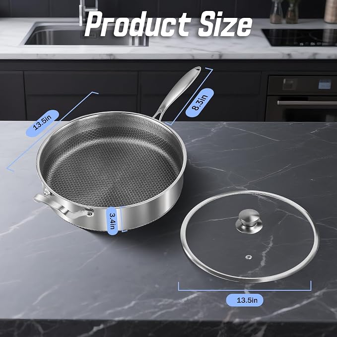 Toutrop Frying Pans Nonstick wih Lid, Non Stick Tri-Ply Stainless Steel Saute Pan, 8 Quarts Large Sauté Pan, 13.5 Inch Induction Cooking Pan, Dishwasher and Oven Safe, PFOA Free