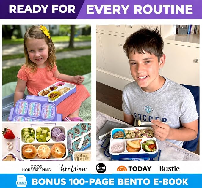 kinsho Bento Lunch Boxes for Kids, Meal and Snack Containers for Boys Girls for School, 4 Compartments, Utensils, BPA Free (Purple Rainbow Unicorn + Blue Camo, 2 Pack Set)