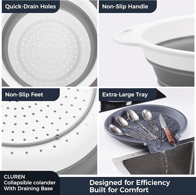 Collapsible Colander Set with Oversized Draining Tray | 3-Pack Foldable Kitchen Strainers + Base | Space Saving for Pasta, Veggies, Fruit & Rice | 5 Colors (Gray-White)