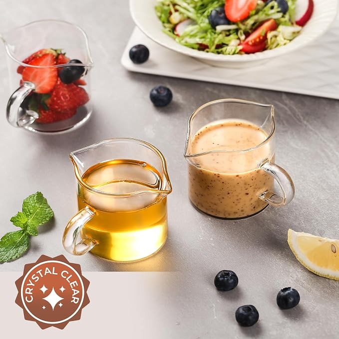 4 Oz Espresso Cups Set of 2 Double Spout with Handle Coffee Bar Accessories | Food-grade clear durable glass, Easy to clean, Smooth pouring, Ideal for coffee, desserts and salad dressing