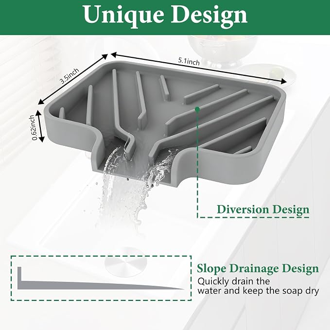GUUKIN Sponge Holder for Kitchen Sink, 5x3.5 Inch Auto-Draining Soap Tray & Sink Organizer | Compatible with Scrub Daddy, Keep Countertops Dry, Kitchen Sink Accessories (Grey)