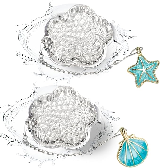 2 Pack Tea Infuser for loose tea,2.3 inch Flower Design Stainless Steel Tea Ball with Precious pendant,Fine Mesh Strainer for Brew Tea,Spices & Seasonings（Starfish & Shell）
