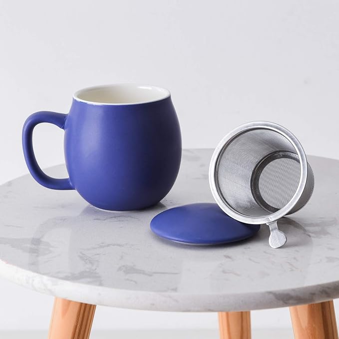 Yundu 12 OZ Matte Deep Purple Ceramics Teacup with Infuser and Lid, Mug with Lid for Steeping - Stainless Steel Infuser for Loose Leaf Tea, Home Office Gift for Tea Lovers