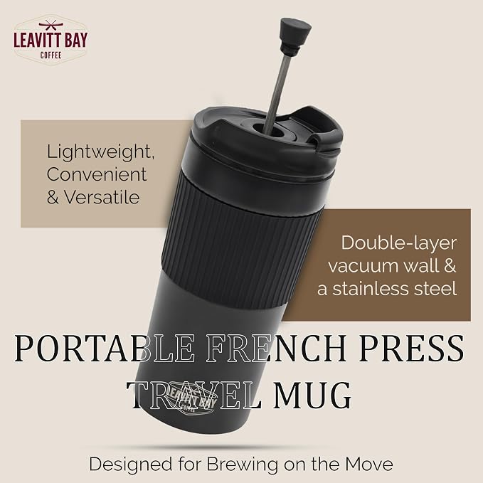 Black Portable French Press Travel Mug & Coffee Maker | Leak-resistant lid Double-wall vacuum insulation ideal for camping & travel