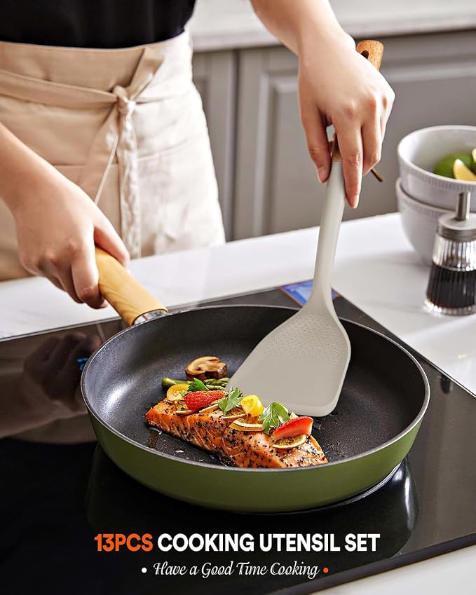 13PCS Silicone Kitchen Utensils Set for Nonstick Cookware, Khaki | Food Grade, Heat Resistant Kitchen Utensil Spatula Set, Wooden Handles Kitchen Gadgets Tools Set