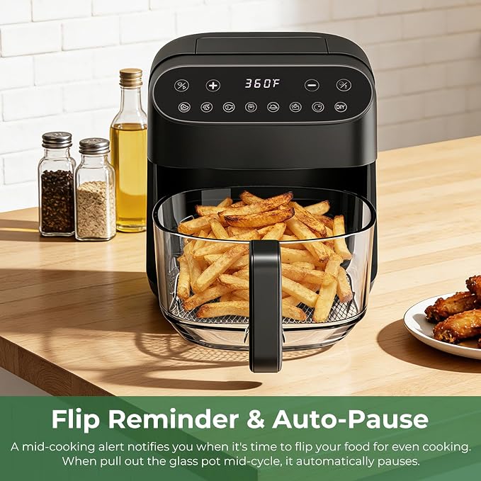 5 QT Glass Air Fryer, Non Toxic Airfryer with Digital Touch Control | 8 Preset Modes, PTFE/PFAS Free, BPA-Free, Uncoated High Borosilicate Glass Basket, Dishwasher Safe, Black