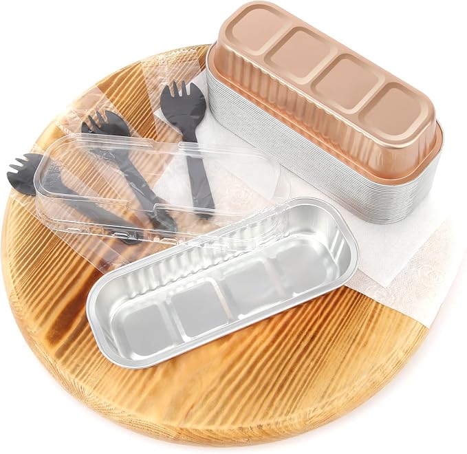 LNYZQUS Mini Loaf Cake Pans with Lids 50 Pack, 6.8oz Foil Baking Tins | Rectangle, Disposable Aluminum Dessert Cups, Individual Take-out Containers for Take Home Treats, Champagne