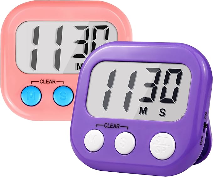 Timer for Kids Digital Kitchen Timers for Cooking- 2 Pack Pink Purple | Countdown Timer for Classroom Study Exercise Teacher Supplies, Strong Magnetic, Loud Alarm, Large Screen, Fast Reset, Memory