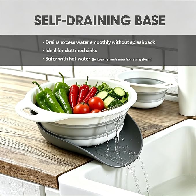 AUOON Collapsible Colander Set (3QT + 4QT) with Draining Base, White+Gray | Fast Draining, Heat-Resistant, Dishwasher Safe, Space-Saving, Food-grade TPE & PP for Pasta Noodles Vegetables and Fruits