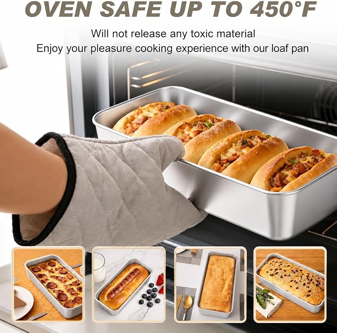 4 Pack Stainless Steel Loaf Tins with Lids, 12.7 x 5.8 Inch Bread Pans | For baking bread, cakes, brownies, lasagna and meatloaf. Suitable for homemade recipes, meal prep and everyday kitchen use.