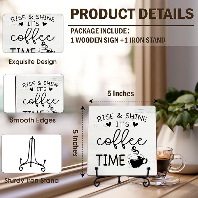 Minimalism Coffee Bar Decor, 5"x5" Coffee Bar Sign | Rise & Shine It's Coffee Time Wood Plaque with Stand | Farmhouse Gift for Home Kitchen Tabletop Desk - A07
