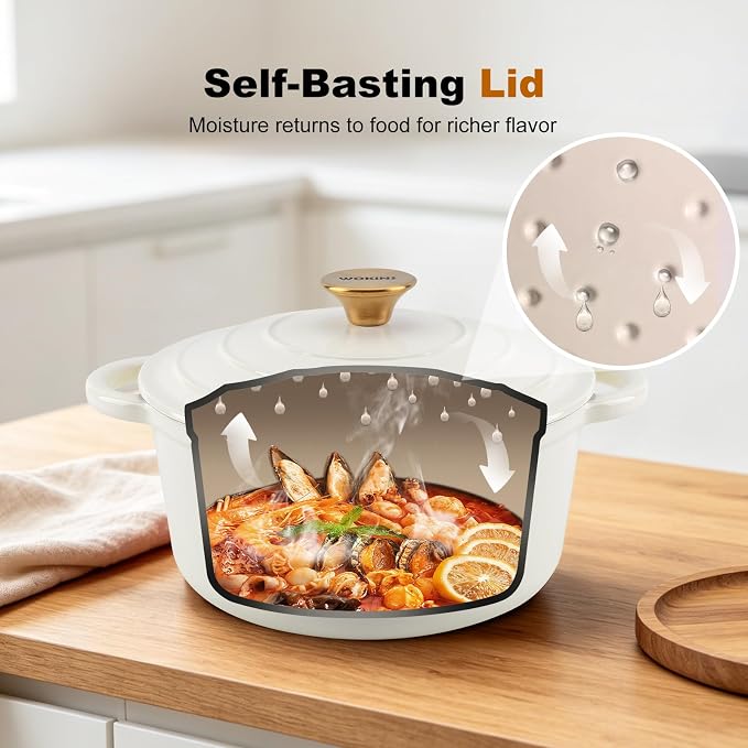 4-QT Enameled Cast Iron Round Dutch Oven With Lid,Oven safe,Cream | Small Dutch Oven,cream/gold-tone knob,500°F,sourdough,braising/stews/roasting，Kitchen Gift for Cooking Lovers