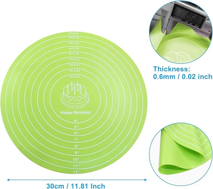Hitefu 12 Inch Round Silicone Cake Mat, Green | Silicone Baking Mat, With Measurement, For Cake Turntable, For Rolling Dough