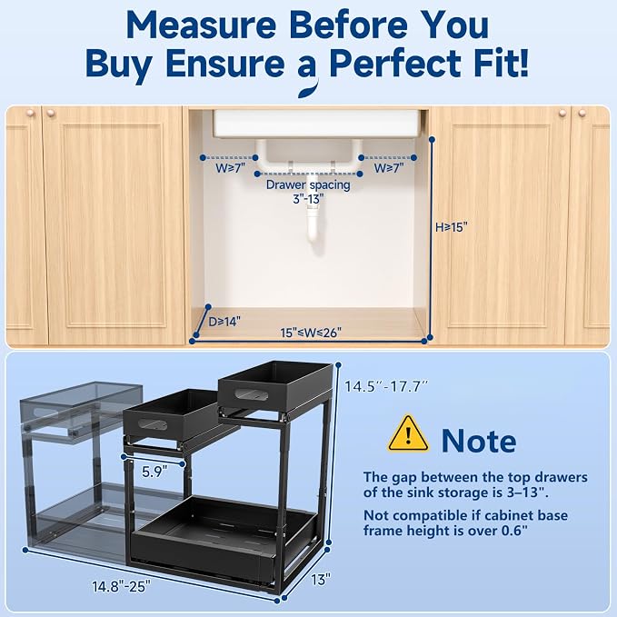 Insputer Upgrade Expandable Under Sink Organizer, 2 Tier Metal Under Cabinet Storage with 3 Slide Rails, Height Adjustable, Thickened Pull Out Drawer Shelf for Bathroom, Kitchen, Laundry, Pantry