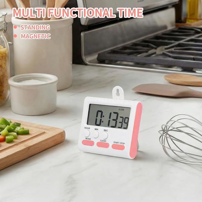 Mudder 3 Pack Digital Kitchen Timer for Cooking, Large Digits, 24 Hour Magnetic Backing Stand Kitchen Timers Clock for Classroom Kids Teachers, Loud Alarm and Large Screen (Pink)