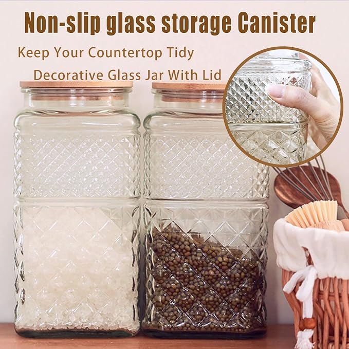 1 Gallon Large Glass Jar Airtight Lid Spoon Vintage Glass Storage Jars | 120 OZ Square Wide Mouth Glass Coffee Canister Container for Candy Sugar Tea Nuts Flour Dog Treat
