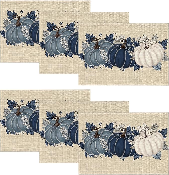 Artoid Mode Navy Blue Pumpkins Fall Placemats Set of 6-12 x 18 Inch | Heat-Resistant Table Mats, Washable Seasonal Autumn Kitchen Dining Decor