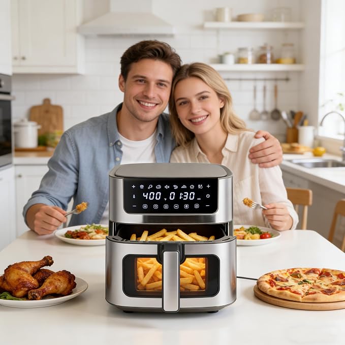 NEWBULIG Air Fryer 6.34QT Airfryer with Visible Window 400℉ Fast Heating Stainless Steel Air Fryers Oven with Nonstick and Dishwasher-Safe Basket 8-in-1 Cooking Preset with Timer Auto-Off