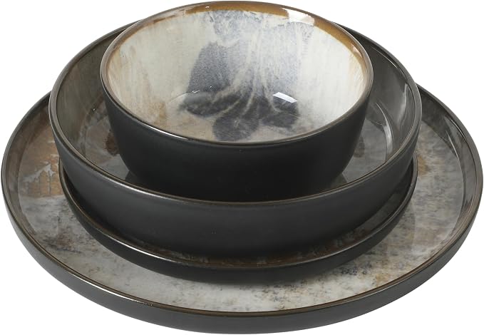 Gibson Elite Chantilly Hill 16-Piece Ceramic Dinnerware Set, Round Plates & Bowls, Multicolor Leaf Design, Microwave & Dishwasher Safe, Service for 4