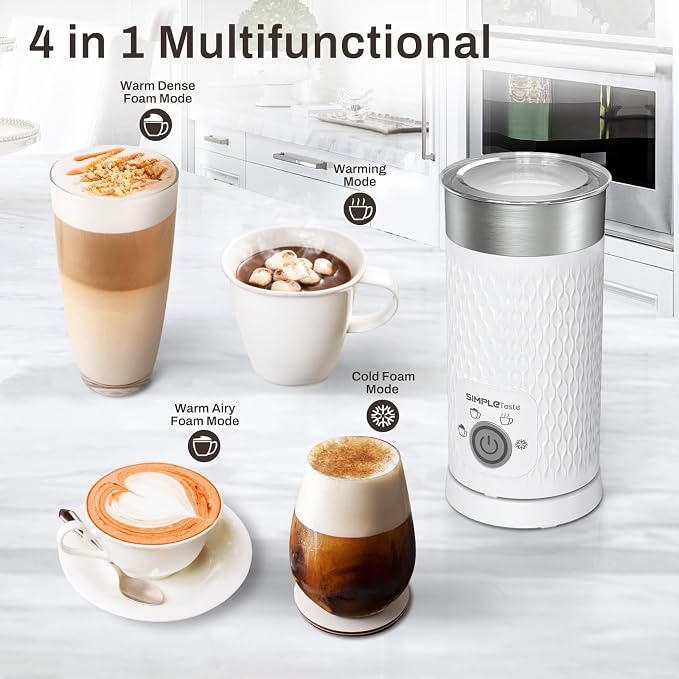 SIMPLETASTE Milk Frother, 4-in-1 Electric Automatic Milk Steamer | Warm and Cold Foam Maker and Milk Warmer for Latte, Cappuccino, Macchiato, Hot Chocolate