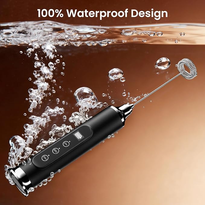 YUSWKO Milk Frother Wand for Coffee, Coffee Frother Handheld Drink Mixer | Rechargeable Mixer Wand, Waterproof Electric Whisk for Protein Powder, Lattes, Cappuccino, 3 Variable Speeds 3 Whisks, Black