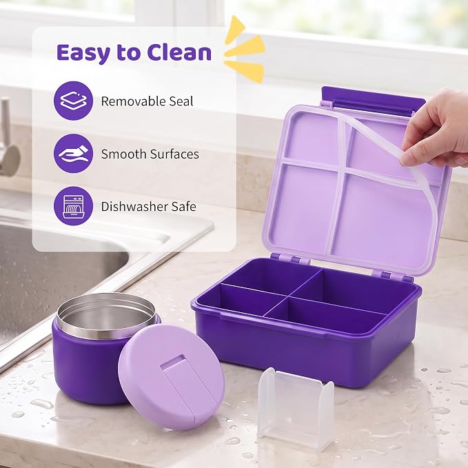 Pawtong Bento Lunch Box with 8oz Soup Thermo, Kids Leakproof Lunch Food Containers with 4 Compartment, Kids Thermo Insulated Hot Food Jar for School, Trvael (Purple)