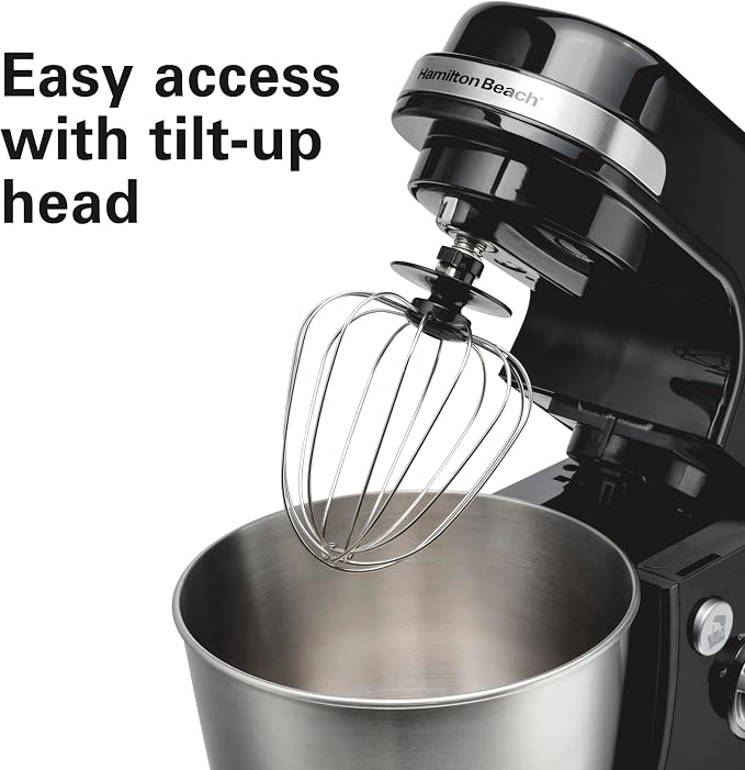 Hamilton Beach 4 Quart Electric Stand Mixer With 7 Speeds | Planetary Mixing For Full Bowl Coverage | Splash Guard | 300 Watts | Whisk, Flat Beater, Dough Hook | Black