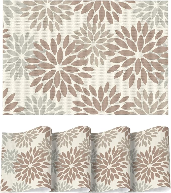Artoid Mode Floral Vinyl Placemats Set of 4, 12x18 Inch Washable Non-Slip Plastic Vinyl Place Mats for Party Kitchen Dining Decor, Brown