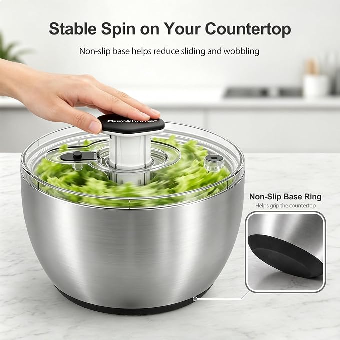 Ourokhome 6.3 QT Stainless Steel Salad Spinner, Large Lettuce Spinner with One-Hand Press Pump, Brake Button, Non-Slip Base and Retractable Handle, Vegetable Washer & Dryer for Greens, Fruits and Herb