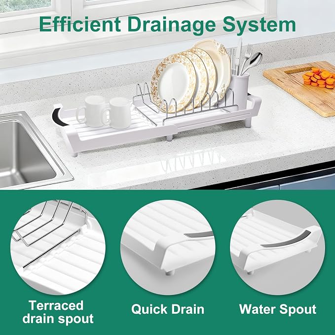 Compact Stainless Steel Dish Drying Rack | Rust-Resistant Drainer for Kitchen and Apartment Countertops/Sink Cabinets, Adjustable 11.42 to 19.9 Inches (White)