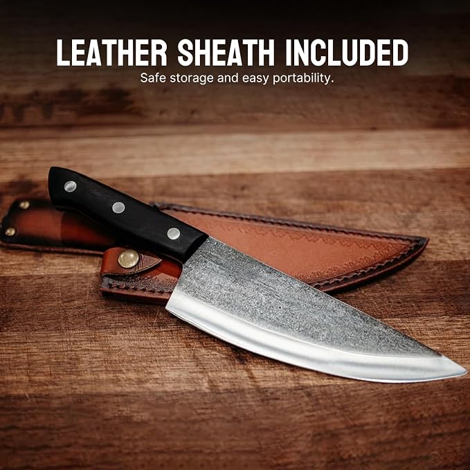 Chefs Knife - 8” Hand-Forged High Carbon Steel Full Tang Kitchen Knife With Wood Handle - Razor Sharp Knife For Kitchen with Leather Sheath