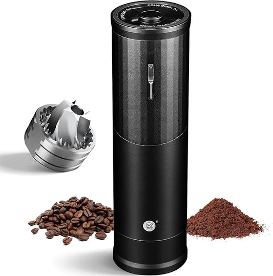 Electric Coffee Grinders, Portable Burr Grinder Capacity 50g w/Magnetic Cover,External Adjustable Setting, Aluminum Alloy Body, 800mAh Battery(Stand not Included) (Black)