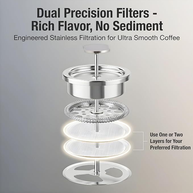 Small French Press Coffee Maker Set - 12 oz | Portable Travel French Press Coffee Maker | Double Wall Insulated with Dual Stainless Filters & 2 Steel Canisters for Grounds, Tea, Creamer & Sugar