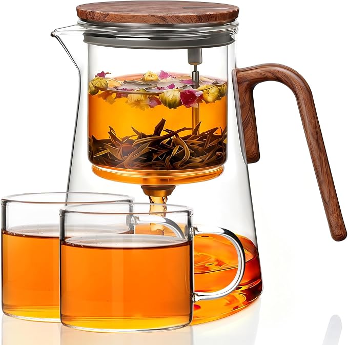 ZENS Magnetic Glass Teapot with Infuser and 2 Cups for Loose Tea, 34oz | Enchanti Magnetic Teapot, Magic Mess Free Loose Leaf Tea Steeper for Tea Lovers Gift, Walnut Pattern
