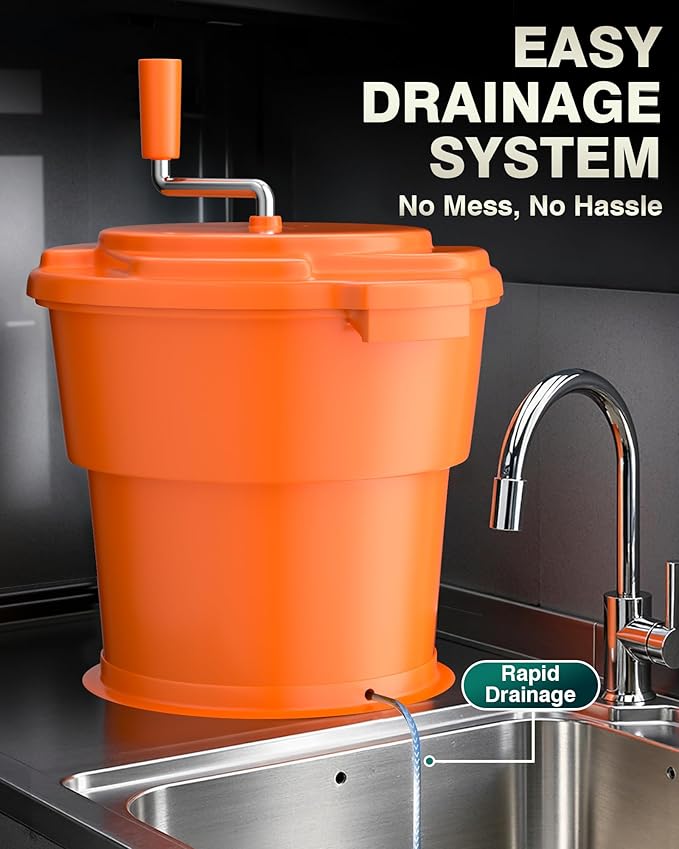 WantJoin Commercial Salad Spinner - [6 Gallon Salad Dryer] w/Silicone [Anti-slip Mat] & [Draining Hose], 24Qt Manual Salad Spinner for up to 7 Heads of Lettuce Spinner Large for Catering, Orange