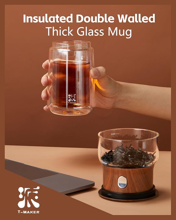 ZENS Glass Infuser Teapot, One Touch Tea Maker for Loose Leaf Tea, Walnut | Modern Tea Diffusers, Magic Tea Pot with 9oz Insulated Mug and Portable Bag for Tea Lovers Gifts