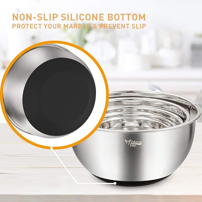 Wildone Mixing Bowls with Airtight Lids Set, 5PCS Stainless Steel Nesting Bowls for Kitchen, with Grater Attachments & Non-Slip Bottoms, Size 5, 3, 2, 1.5, 0.63 QT, Great for Mixing & Serving