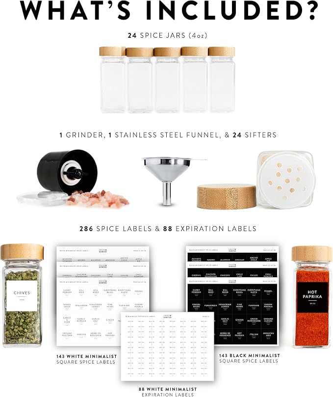 SAVVY & SORTED Glass Spice Jars with Label, 24PK Bamboo Jar Spices Set 4oz, 374 Spice Labels, Pepper Grinder, Empty Herb Seasoning Containers, Funnel and Shaker Lids
