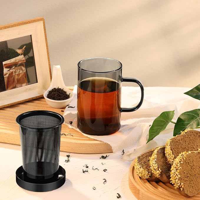 ecooe 16.9oz Glass Tea Cup with Infuser and Lid Clear Glass Tea Cup with Removable Stainless Steel Infuser & Lid, 500ml Teacup for Loose Leaf Tea, Tea Maker Gift for Birthday (Black Glass) | Black Borosilicate, Tea Cup, 430 ml (Use Capacity), Microwave...