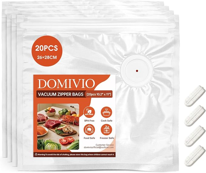Reusable Vacuum Sealer Bags for Food, 20 Pack Medium (10.2"x11") with 4 Clips, BPA-Free Vacuum Storage Bags, Leak-Proof, Freezer & Sous Vide Cooking, Compatible with Food Saver Vacuum Sealers