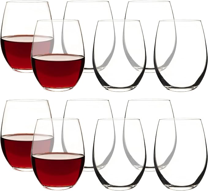 Stemless Wine Glass - Set of 12, 15 Oz Clear Cut Rim Wine Tumbler for Red, White Wine, Dishwasher Safe, Clear