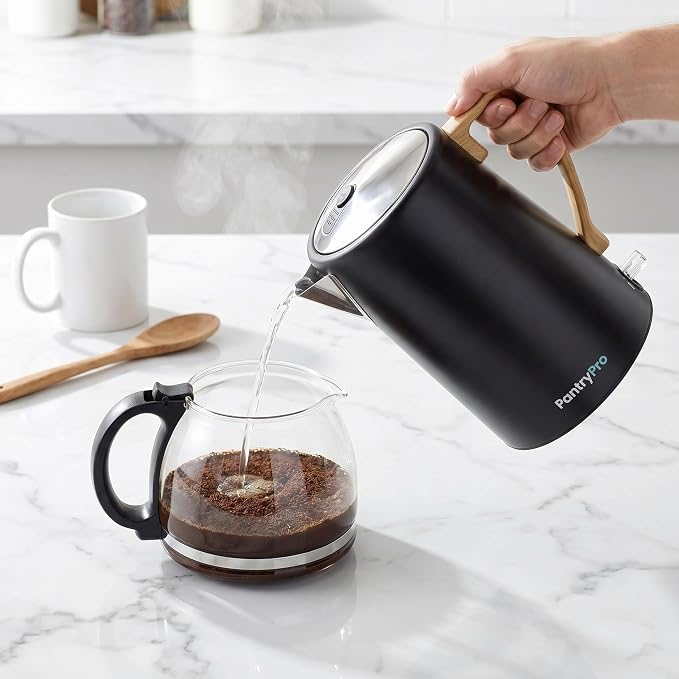 PantryPro 1.7L 1500W Rapid-Boil Electric Kettle - Stainless Steel Interior - Auto Shut-Off, Boil-Dry Protection, LED Indicator, Wide Opening - Black