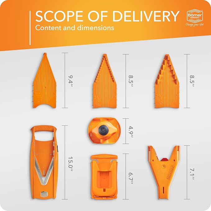 Börner Mandoline Slicer V5 (Professional Set) • Adjustable Vegetable Slicer (7-piece) • 10 Cutting Styles • Kitchen Slicer incl. Docking Station • Stainless Steel V-Blade • Color: Orange