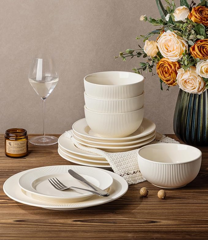 Ceramic Dinnerware Set for 6, 18-Piece Plates and Bowls Set | Lightweight Porcelain Dish Set, Scratch Resistant, Oven & Microwave & Dishwasher Safe, Ivory