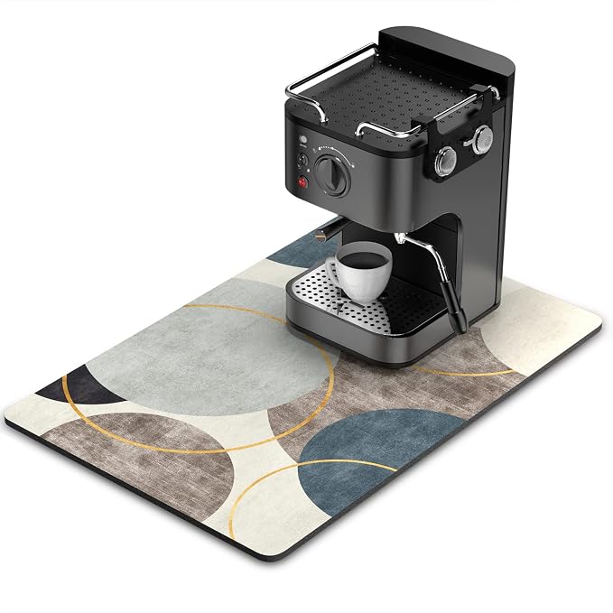 Rnivvi Coffee Mat, 16" x 24" Cute Boho Theme Coffee Bar Mats for Espresso Machine Station Accessories and Organizer, Hide Stain Rubber Backed Absorbent Dish Drying Pad for Kitchen Counter, Circle