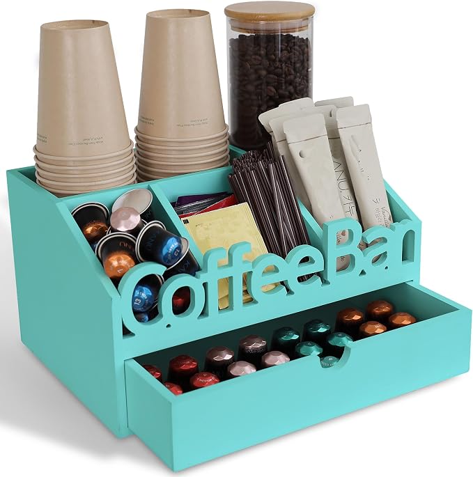 Coffee Bar Organizer Countertop, Wood Coffee Station, Drawer, Turquoise | K-Cups, Tea Bags, Sugar Packets & Creamers