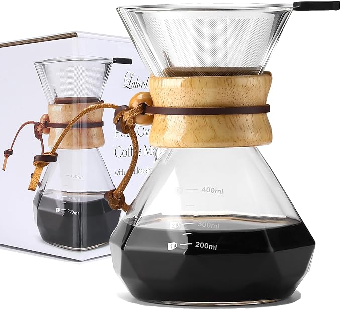 Lalord Pour Over Coffee Maker, 400ml/13.5oz Borosilicate Glass Carafe with Stainless Steel Filter & Modern Wooden Collar, 2 Cups Capacity, Clear